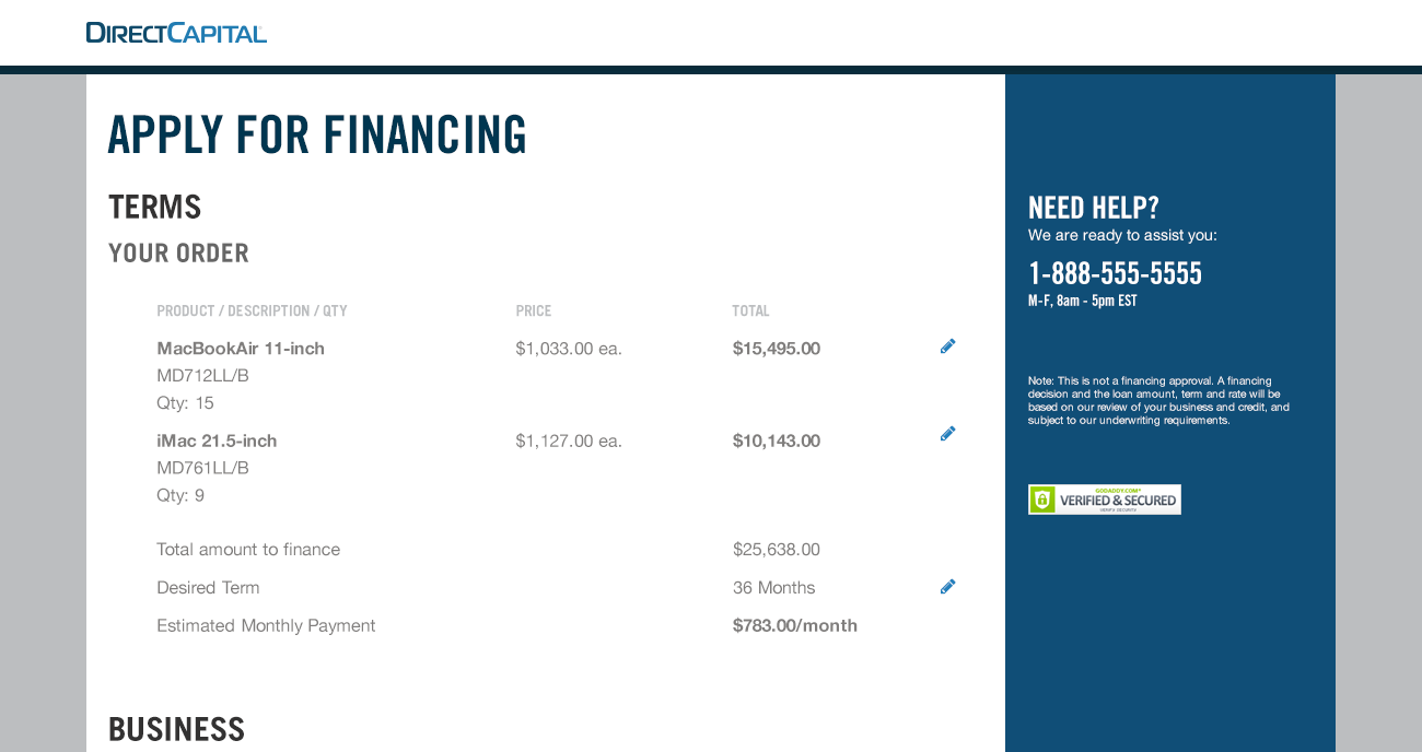 LendEdge Financing application